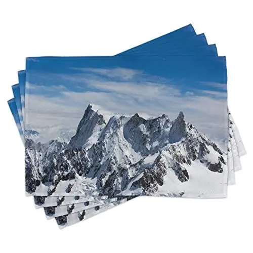 Produktbild: ABAKUHAUS Landschaft Platzmatten, Malerischer Mont Blanc Klippe zu den Wolken Idyllische Umwelt-Trekking-Markstein, Tiscjdeco aus Farbfesten Stoff für das Esszimmer und Küch, Weiß Blau