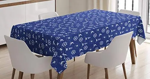 Produktbild: ABAKUHAUS Leuchtturm Tischdecke, Maritime Silhouetten, Druck mit Klaren Farben ohne Verblassen Waschbar für innen oder Außen Bereich, 140 x 170 cm, Violettblau Weiß