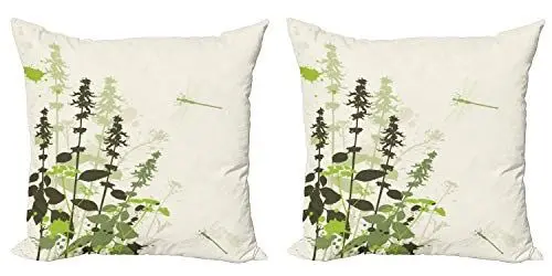 Produktbild: ABAKUHAUS Libelle Kissenbezug Set (2Stück), Wildblumen-Wiese, doppelseitiges Digitaldruckdekor mit Reißverschluss, 50 cm, Hellgrün Creme