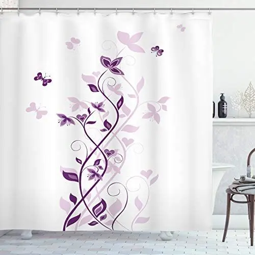 Produktbild: ABAKUHAUS Lila Duschvorhang, Violet-Blüten, Stoffliches Gewebe Badezimmerdekorationsset mit Haken, 175 x 200 cm, Pflaume Weiß