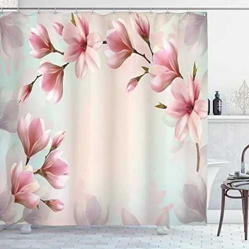 Produktbild: ABAKUHAUS Magnolie Duschvorhang, Double Exposure Effect, Stoffliches Gewebe Badezimmerdekorationsset mit Haken, 175 x 180 cm, Dunkle Koralle