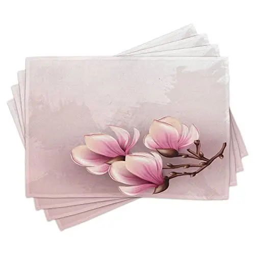 Produktbild: ABAKUHAUS Magnolie Platzmatten, Feminin Blumenblätter Frühlingsblüte auf Grunge Pinselstriche, Waschbare Stoff Esszimmer Küche Tischdekorations Digitaldruck, Baby Pink