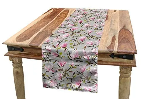 Produktbild: ABAKUHAUS Magnolie Tischläufer, Aquarell Magnolien, Esszimmer Küche Rechteckiger Dekorativer Tischläufer, 40 x 300 cm, Hellrosa Braun und Grau