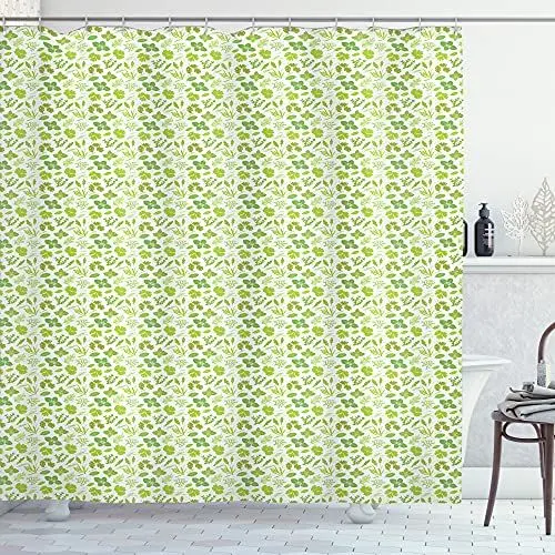 Produktbild: ABAKUHAUS Minze Duschvorhang, Blätter Rosmarin Oregano Dill, Stoffliches Gewebe Badezimmerdekorationsset mit Haken, 175 x 200 cm, Grün Lindgrün