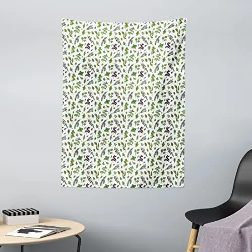 Produktbild: ABAKUHAUS Minze Wandteppich, Küchenkräuter Kochzutat Salbei Thymian Oregano Pfeffer Petersilie, aus Weiches Mikrofaser Stoff Wand Dekoration Für Schlafzimmer, 110 x 150 cm, Olivgrün Pflaume Weiß