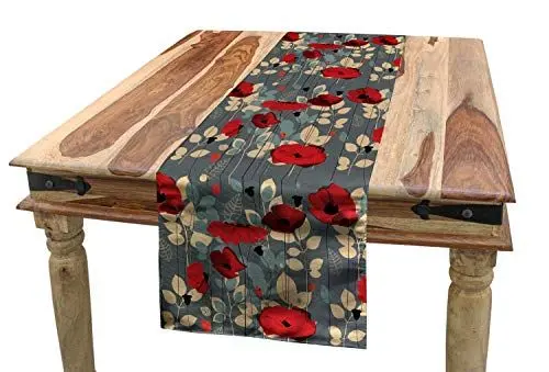Produktbild: ABAKUHAUS Mohn Tischläufer, Moderne Blumengarten, Esszimmer Küche Rechteckiger Dekorativer Tischläufer, 40 x 180 cm, Grau Rot Beige