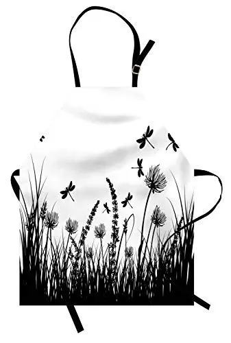 Produktbild: ABAKUHAUS Natur Kochschürze, Gras-Busch-Wiesen-Schattenbild mit Libellen, die Frühlings-Garten-Pflanzen-Anzeige fliegen, Farbfest Höhenverstellbar Waschbar Klarer Digitaldruck, Weiß Schwarz