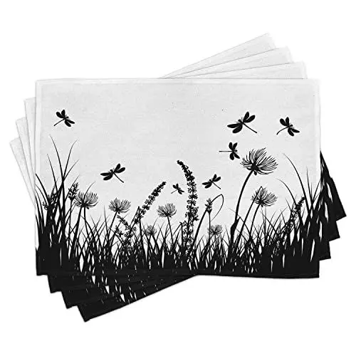 Produktbild: ABAKUHAUS Natur Platzmatten, Gras-Busch-Wiesen-Schattenbild mit Libellen, die Frühlings-Garten-Pflanzen-Anzeige fliegen, Tiscjdeco aus Farbfesten Stoff für das Esszimmer und Küch, Weiß Schwarz