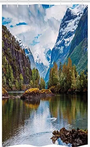 Produktbild: ABAKUHAUS Natur Schmaler Duschvorhang, Snowy Mountains Norwegen, Badezimmer Deko Set aus Stoff mit Haken, 120 x 180 cm, Olivengrün Blau