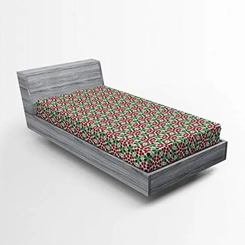 Produktbild: ABAKUHAUS Natur Spannbetttuch, Abstrakt Cranberries, Soft Dekorativer Stoff Bettwäsche Rund-um Elastischer Gummizug, 90 x 200 cm, Rubin Getrocknete Rosen-Grün