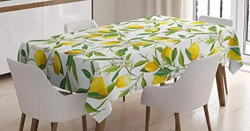 Produktbild: ABAKUHAUS Natur Tischdecke, Lemon Woody Romantic, Personalisierter Druck Klare Farben ohne Verblassen Waschbar für Außen Bereich, 140 x 240 cm, Farngrün Gelb Weiß