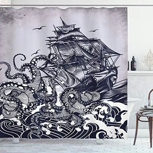 Produktbild: ABAKUHAUS Nautisch Duschvorhang, Krake und Schiff im Sturm, Stoffliches Gewebe Badezimmerdekorationsset mit Haken, 175 x 180 cm, Indigo Purpleblue