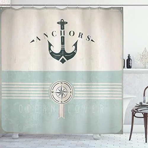 Produktbild: ABAKUHAUS Nautisch Duschvorhang, Altmodisch Maritim Anker, Stoffliches Gewebe Badezimmerdekorationsset mit Haken, 175 x 180 cm, Seafoam Beige Reseda Grün