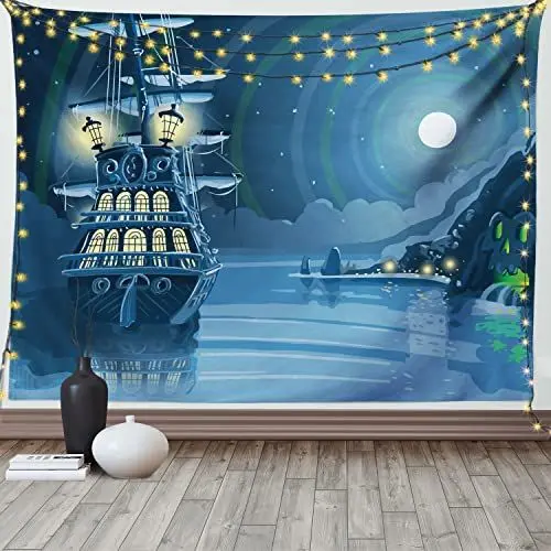 Produktbild: ABAKUHAUS Nautisch Wandteppich, Cartoon Piratenschiff Mond, aus Weiches Mikrofaser Stoff Waschbar ohne Verblassen Digitaldruck, 150 x 110 cm, Blau