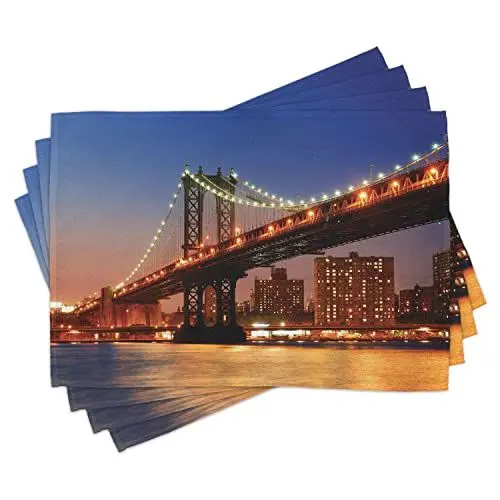 Produktbild: ABAKUHAUS New York Platzmatten, Manhattan Bridge mit Stadtbild über Hudson River Brooklyn beliebtes Stadtbild, Tiscjdeco aus Farbfesten Stoff für das Esszimmer und Küch, Orange Blau
