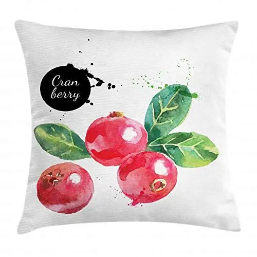 Produktbild: ABAKUHAUS Obst Kissenbezug, Aquarell Cranberries, Waschbar mit Reißverschluss Kissenhülle mit Farbfesten Klaren Farben Beidseitiger Druck, 40 x 40 cm, Dunkle Koralle Schwarz und Grün
