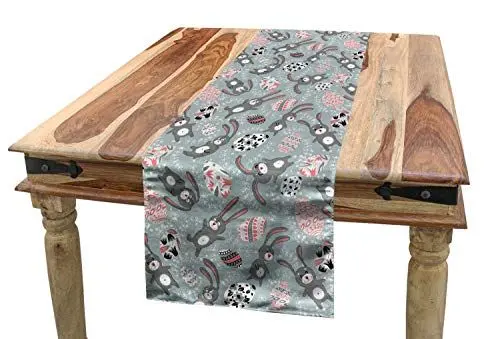 Produktbild: ABAKUHAUS Ostern Tischläufer, Kinder Spielzeug Lustige Hasen, Esszimmer Küche Rechteckiger Dekorativer Tischläufer, 40 x 180 cm, Blaugrau Schwarz