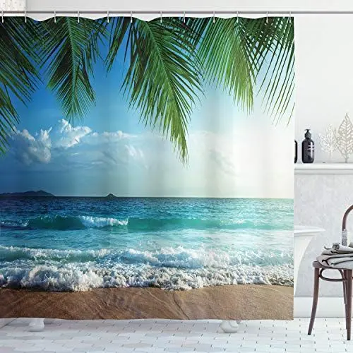 Produktbild: ABAKUHAUS Ozean Duschvorhang, Palmen Tropical Island, Stoffliches Gewebe Badezimmerdekorationsset mit Haken, 175 x 180 cm, Blau und Grün