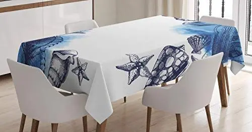Produktbild: ABAKUHAUS Ozean Tischdecke, Sealife Sea Shells Sand, Schmutzabweisend Pflegeleicht Waschbar Druck Mit Klaren Farben ohne Verblassen, 140 x 200 cm, Marineblau und Weiß