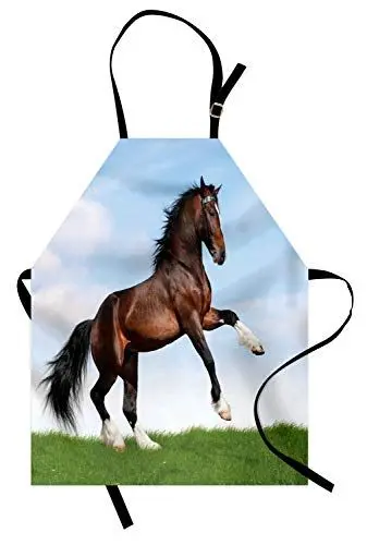 Produktbild: ABAKUHAUS Pferde Kochschürze, Pferd Pacing auf Gras, Unisex-Küchenlätzchen mit verstellbarem Hals für Kochen Gartenarbeit, 67 cm x 80cm, Blau, Grün, Braun