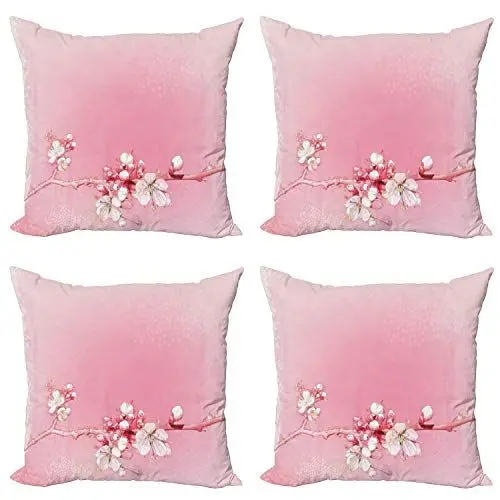 Produktbild: ABAKUHAUS Pfirsich Kissenbezug Set (4 Stück), Japanische Kirsche Bloom, moderner doppelseitiger Digitaldruck, 50 cm, rosa, Weiß,
