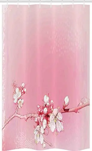 Produktbild: ABAKUHAUS Pfirsich Schmaler Duschvorhang, Japanische Kirsche Bloom, Badezimmer Deko Set aus Stoff mit Haken, 120 x 180 cm, Weiß Rosa
