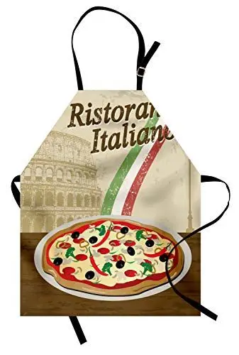Produktbild: ABAKUHAUS Pizza Kochschürze, Ristorante Italiano-Konzept mit Weinlese-Schmutz-Art-Druck mit Pizza und Collosseum, Höhenverstellbar Klare Farben ohne verblassen, Mandel Paprika