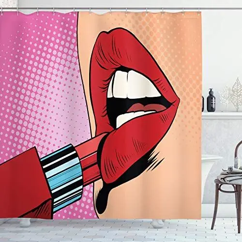 Produktbild: ABAKUHAUS Pop Art Duschvorhang, Halftone Comic Pop Art Girl, Stoffliches Gewebe Badezimmerdekorationsset mit Haken, 175 x 180 cm, Rot Rosa