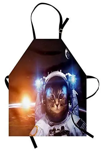 Produktbild: ABAKUHAUS Raum Katze Kochschürze, Kätzchen im Weltraum Suit Sun Lunar Eclipse über Planet Stars Bild, Farbfest Höhenverstellbar Waschbar Klarer Digitaldruck, Dunkelblau Orange und Weiß