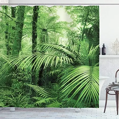 Produktbild: ABAKUHAUS Regenwald Duschvorhang, Palmen exotische Pflanzen, Stoffliches Gewebe Badezimmerdekorationsset mit Haken, 175 x 180 cm, Grün
