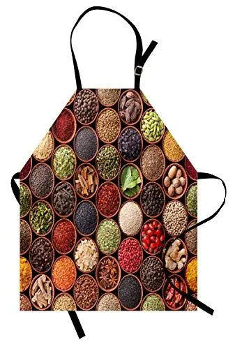 Produktbild: ABAKUHAUS Retro Kochschürze, Bunte Kräuter und Gewürze Kardamom Pfeffer Chili Ingwer Dill natürliche Küche Print, Höhenverstellbar Klare Farben ohne verblassen, Braun Rot