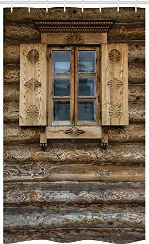 Produktbild: ABAKUHAUS Rustikal Schmaler Duschvorhang, Holzhütte Fensterladen, Badezimmer Deko Set aus Stoff mit Haken, 120 x 180 cm, Beige und Braun