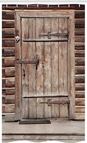 Produktbild: ABAKUHAUS Rustikal Schmaler Duschvorhang, Holztür Hütte Landschaft, Badezimmer Deko Set aus Stoff mit Haken, 120 x 180 cm, Braun