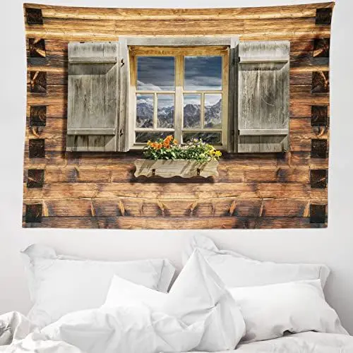 Produktbild: ABAKUHAUS Rustikal Wandteppich, Blick vom Berghütte aus Weiches Mikrofaser Stoff Waschbar ohne Verblassen Digitaldruck, 150 x 110 cm, Braun Grün