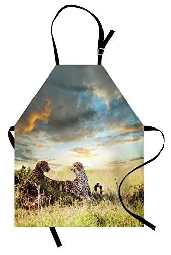 Produktbild: ABAKUHAUS Safari Kochschürze, Zwei Geparden in Afrika Natur Gras gefährliche Tiere Jäger regnerisches Wetter Bild, Farbfest Höhenverstellbar Waschbar Klarer Digitaldruck, Mehrfarbig