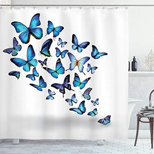 Produktbild: ABAKUHAUS Schmetterling Duschvorhang, Natur Botanischer Frühling, Stoffliches Gewebe Badezimmerdekorationsset mit Haken, 175 x 200 cm, Blue Sky Blau Schwarz