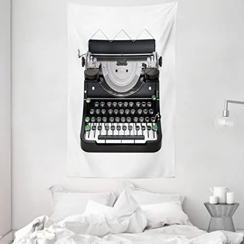 Produktbild: ABAKUHAUS Schreibmaschine Wandteppich, Digital generierte Illustration eines antiken Geräts, aus Weiches Mikrofaser Stoff Wand Dekoration Für Schlafzimmer, 140 x 230 cm, Grau Farngrün
