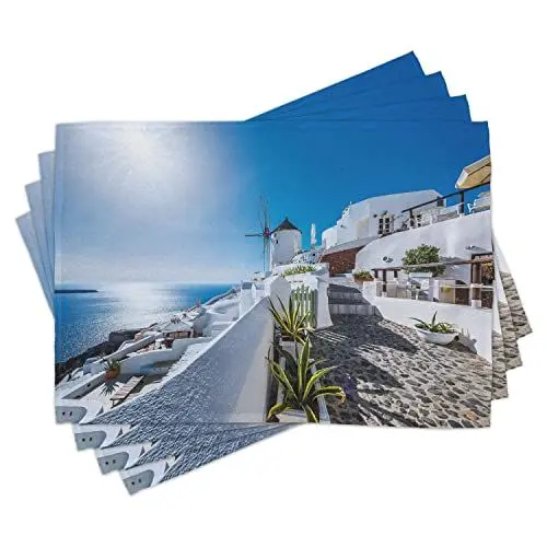Produktbild: ABAKUHAUS Sommer Platzmatten, Altes Oia-Dorf in Santorini-Insel Griechenland mit ägäischem Seelandschafts-Bild, Waschbare Stoff Esszimmer Küche Tischdekorations Digitaldruck, Azurblau