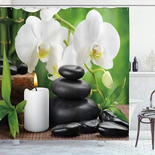 Produktbild: ABAKUHAUS Spa Duschvorhang, Orchideen Steine Natur, Stoffliches Gewebe Badezimmerdekorationsset mit Haken, 175 x 200 cm, Schwarz Weiß und Grün