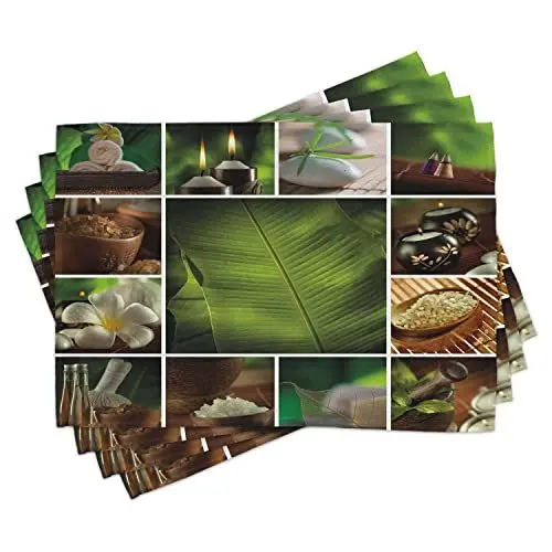 Produktbild: ABAKUHAUS Spa Platzmatten, Collage von Kerzen steinigt Kräutersalz-Tuch-botanischen Anlagen-Design-Druck, Tiscjdeco aus Farbfesten Stoff für das Esszimmer und Küch, Weiß Braun und Grün