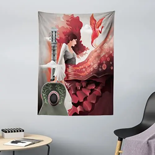 Produktbild: ABAKUHAUS Spanisch Wandteppich, Flamenco-Tänzer-Lady aus Weiches Mikrofaser Stoff Waschbar ohne Verblassen Digitaldruck, 110 x 150 cm, Grau Rot