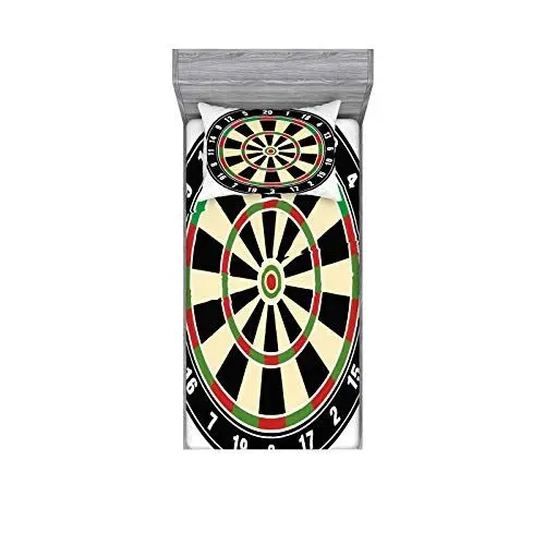 Produktbild: ABAKUHAUS Sport Buntes Spannbetttuch- und Kissen-Set, Dart Board Lifestyle, dekoratives und bedrucktes 2-teiliges Bettwäscheset, 90 cm x 190 cm, Vermilion Grün Schwarz