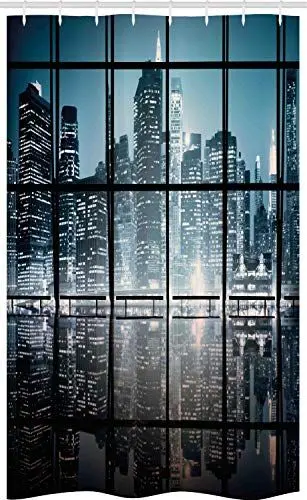 Produktbild: ABAKUHAUS Stadt Schmaler Duschvorhang, New York bei Nacht-Landschaft, Badezimmer Deko Set aus Stoff mit Haken, 120 x 180 cm, Schwarz und Dunkelblau