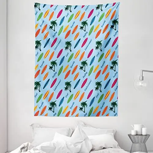 Produktbild: ABAKUHAUS Surfbrett Wandteppich, Exotische Hawaii-Sportarten, Wohnzimmer Schlafzimmer Heim Seidiges Satin Wandteppich, 150 x 200 cm, Mehrfarbig