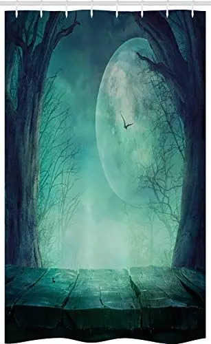 Produktbild: ABAKUHAUS Teal Schmaler Duschvorhang, Spooky Wald Halloween, Badezimmer Deko Set aus Stoff mit Haken, 120 x 180 cm, Teal
