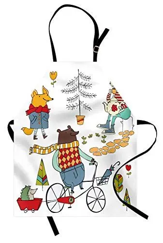 Produktbild: ABAKUHAUS Tier Kochschürze, Bear auf Fahrrad Fox im Regenmantel und Hase mit Einem Teekanne Urban Forest Charaktere, Farbfest Höhenverstellbar Waschbar Klarer Digitaldruck, Mehrfarbig
