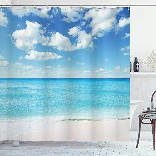 Produktbild: ABAKUHAUS Tropisch Duschvorhang, Exotischer Strand Vivid Sky, Stoffliches Gewebe Badezimmerdekorationsset mit Haken, 175 x 200 cm, Sky Blue Aqua