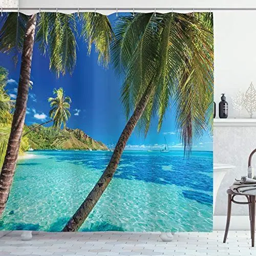 Produktbild: ABAKUHAUS Tropisch Duschvorhang, Palmen, Meer, Strand, Stoffliches Gewebe Badezimmerdekorationsset mit Haken, 175 x 200 cm, Türkis Blau