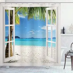 Produktbild: ABAKUHAUS Tropisch Duschvorhang, Tropische Strand-Palmen, mit 12 Ringe Set Stielvoll Modern, 175x200 cm, Grün Weiß Blau