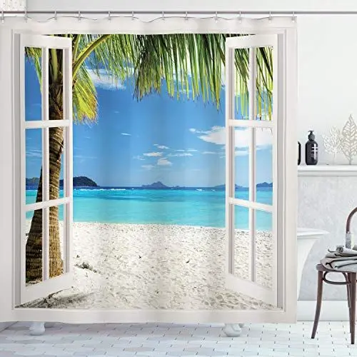 Produktbild: ABAKUHAUS Tropisch Duschvorhang, Tropische Strand-Palmen, mit 12 Ringe Set Stielvoll Modern, 175x200 cm, Grün Weiß Blau